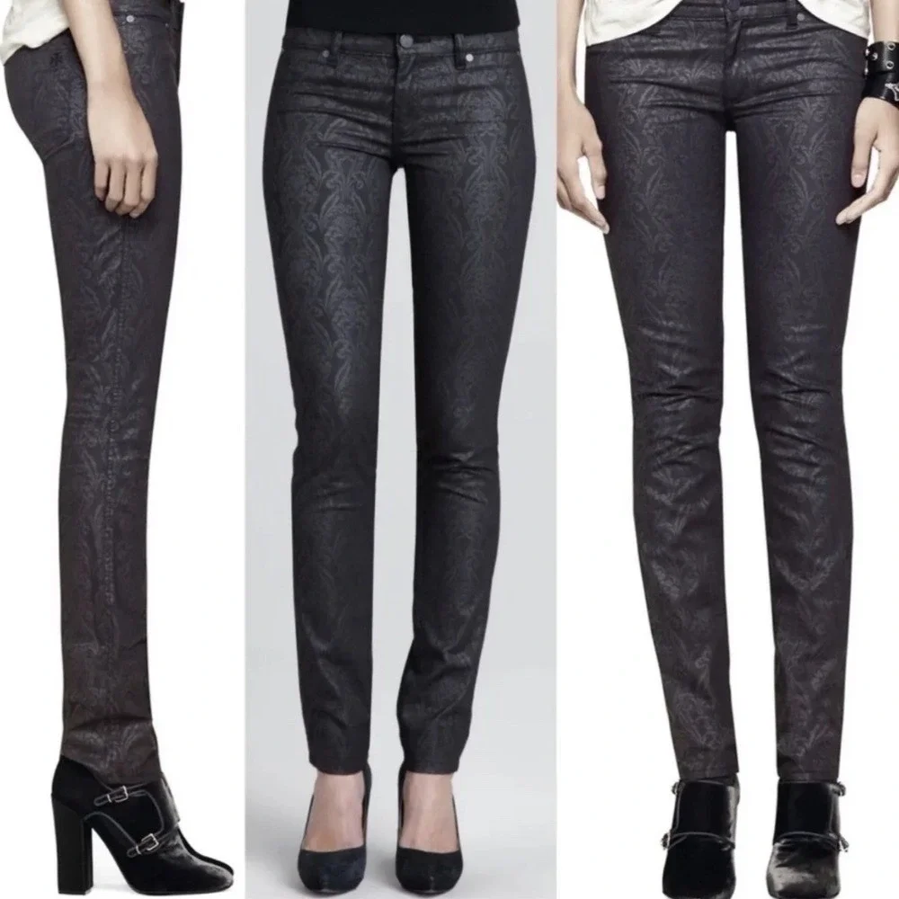 Tory Burch Honour Floral Lattice Jeans Pants‎ Black